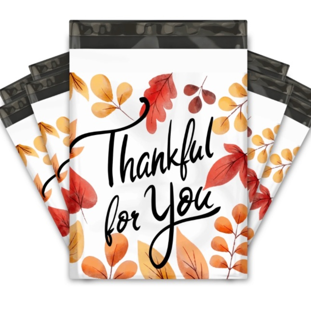 Thankful For You Fall Leaves Poly Mailers Set of 20 10x13 Autumn Orange Red Tan